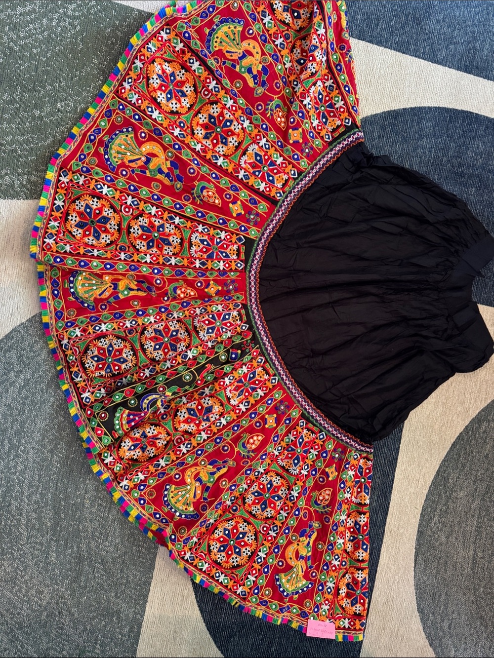 Colorful Embroidered Full Circle Skirt - Black Waistband